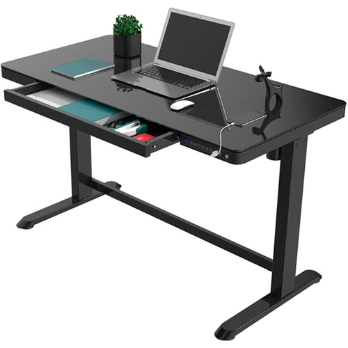 Loctek Home & Office All-in-One Standing Desk Tempered Glass Black Tabletop Size 1200*600mm - Height Memory Control Panel - 2 USB-A & 1 USB-C Charging Port  - Anti Collision System & Child Safety Lock - Pull-out Drawer - 3 Years Warranty