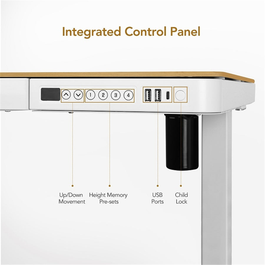 Loctek Home & Office All-in-One Standing Desk Maple White Colour Tabletop Size 1200*600x12mm With 2 USB-A + 1 USB-C Charging Port, Pull-out Drawer, With Anti Collision System & Child Safety Lock - 3 Years Warranty