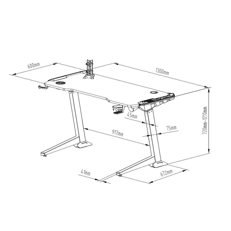 Loctek GET119X-L Gaming Desk - Electric Height Adjustable - L Angled Frame Design - 1300x600mm Carbon Fiber Texture Surface - Built-in Control Panel Four Memory Positions - RGB Lightning - Headphone & Controller & Cup Holder Accessories - 3
