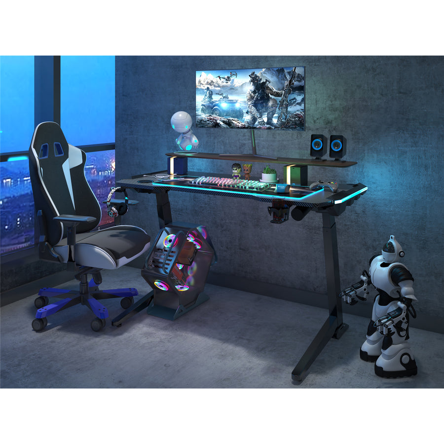 Loctek GET119X-L Gaming Desk - Electric Height Adjustable - L Angled Frame Design - 1300x600mm Carbon Fiber Texture Surface - Built-in Control Panel Four Memory Positions - RGB Lightning - Headphone & Controller & Cup Holder Accessories - 3