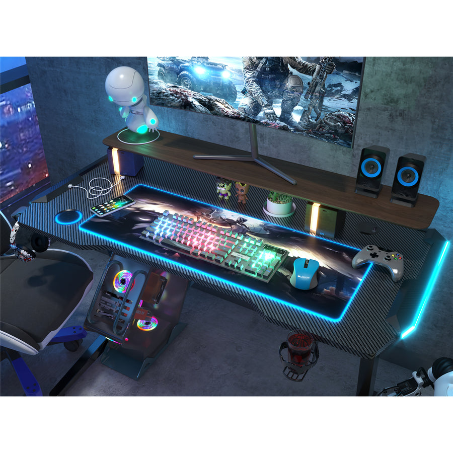 Loctek GET119X-L Gaming Desk - Electric Height Adjustable - L Angled Frame Design - 1300x600mm Carbon Fiber Texture Surface - Built-in Control Panel Four Memory Positions - RGB Lightning - Headphone & Controller & Cup Holder Accessories - 3