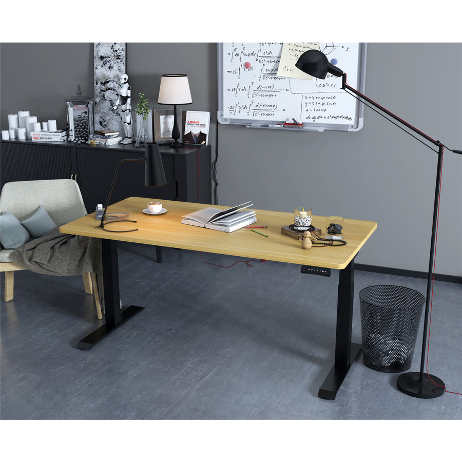 Loctek Ergonomic Premium Office Standing Desk - 1600x800x25mm - Dual Motors - 3 Stage Height Range 580-1230mm - Programmable Height Memory Control - Anti-Collision Function - Weight Capacity 125kg - Honey Oak Colour Table Top With Black Bas