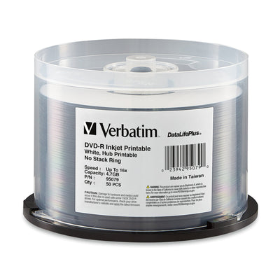 Verbatim DVD-R 4.7GB 16x White Wide Inkjet Printable 50pk on Spindle