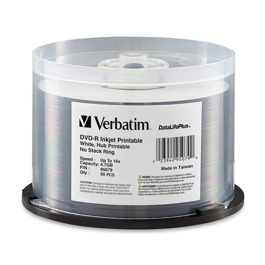 Verbatim DVD-R 4.7GB 16x White Wide Inkjet Printable 50pk on Spindle