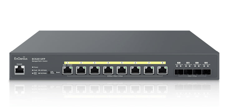 ECS2512FP - EnGenius ECS2512FP Cloud Managed 802.3bt/at/af 240W 8 Port PoE 2.5Gbps Multi-Gigabit Network Switch