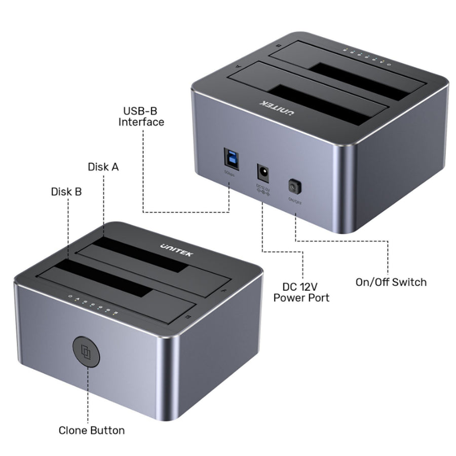 Unitek Y-3026 - USB3.0 to Dual SATA HDD Aluminium Docking Station w/ Offline Clone Function