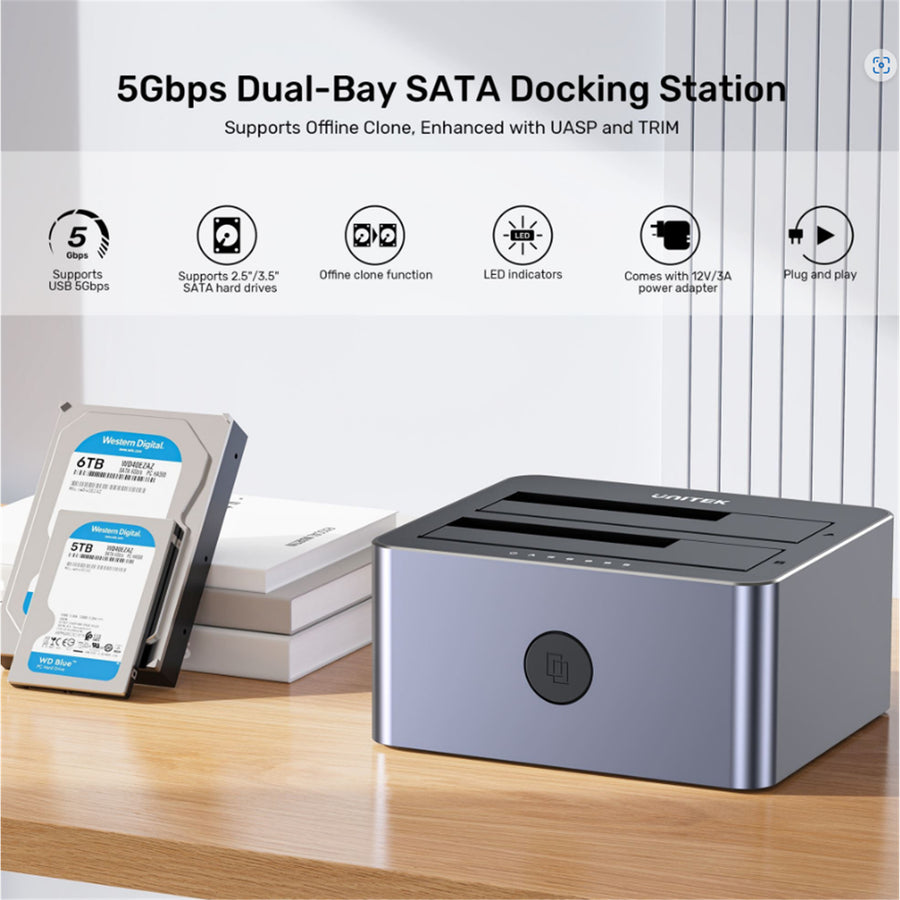 Unitek Y-3026 - USB3.0 to Dual SATA HDD Aluminium Docking Station w/ Offline Clone Function