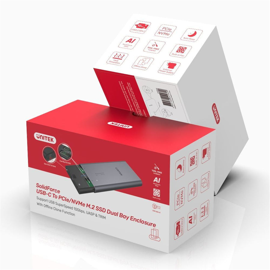 Unitek S1206A - USB-C to PCIe/NVMe M.2 SSD 10Gbps Dual Bay Enclosure. USB3.2 Gen2 10Gbps SuperSpeed.