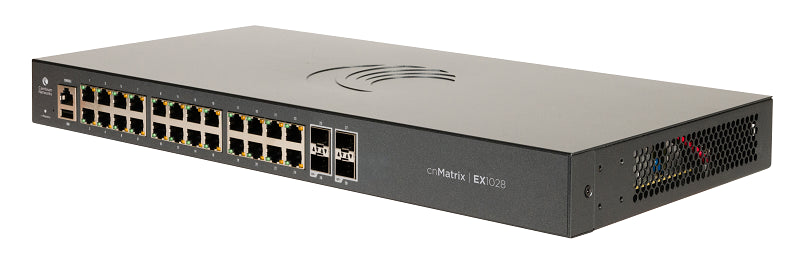 Cambium Networks EX1028 - Cambium cnMatrix EX1028, Intelligent Ethernet Switch, 24 1G and 4 1 Gbps SFP fiber ports. Enterprise-grade L2 functionality, includes lifetime cloud or on-premises management. 5-year warranty