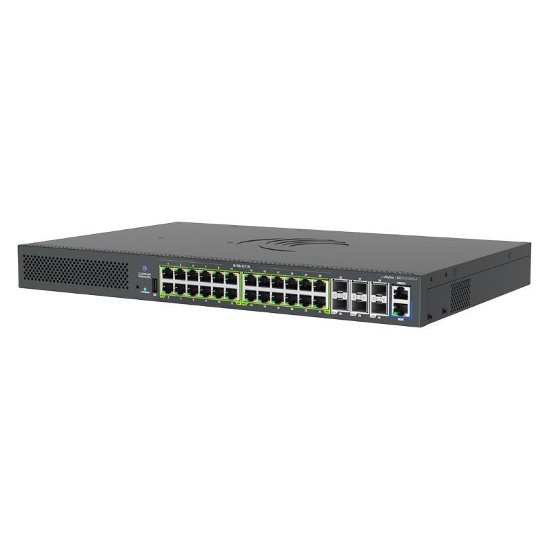 Cambium cnMatrix EX3030RM-P, Intelligent Ethernet Switch, 24 MG(2.5G) ports with 4PPoE(90W) , and 6 SFP28, 25Gbps ports. Dual/Removeable power supplies (not included)