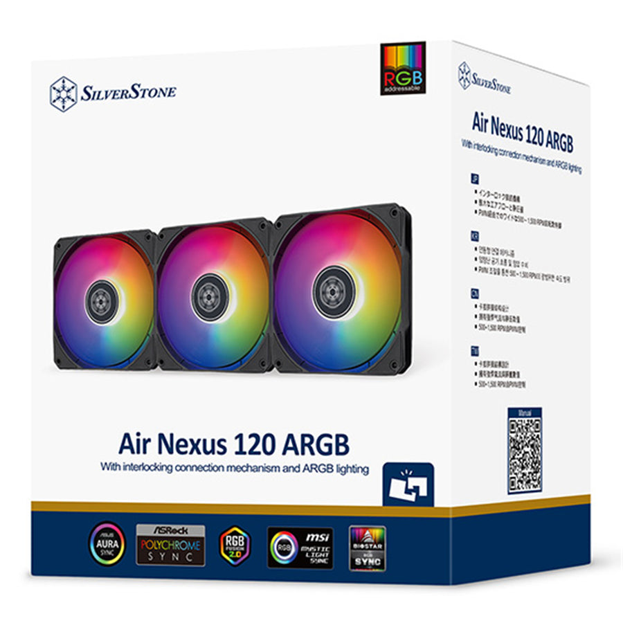 Silverstone Air Nexus 120mm PWM ARGB 500~1500RPM - Black, Modular Connection - 3x 120mm Fan Pack