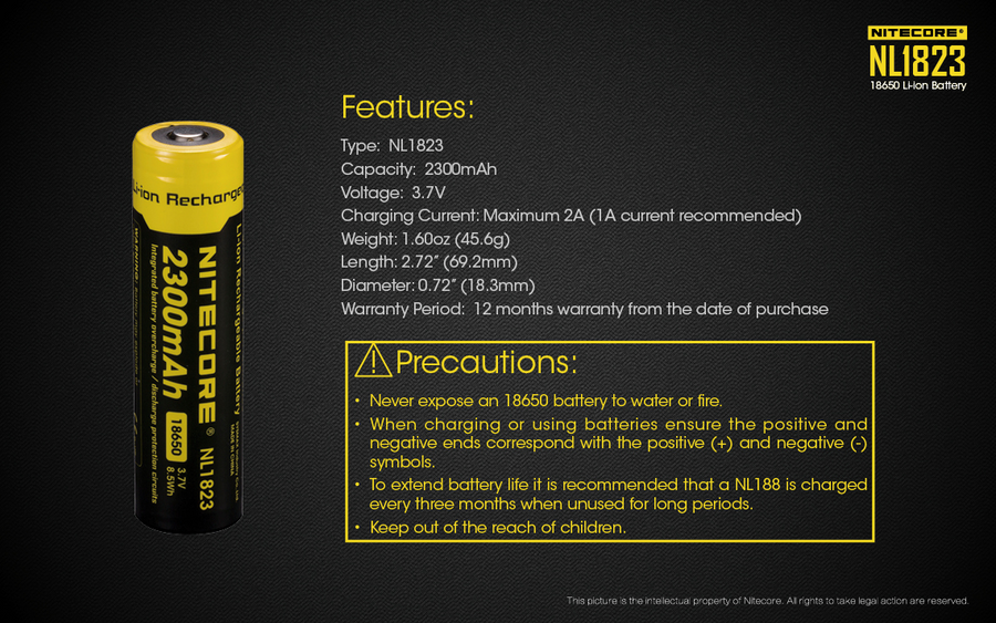 NL1823 - NITECORE LI-ION RECHARGEABLE BATTERY 18650 (3.7v / 2300mAh)