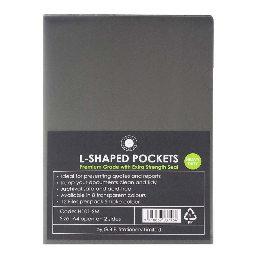 H101464 - Okin L Shaped Pockets A4 Smoke, Pack of 12
