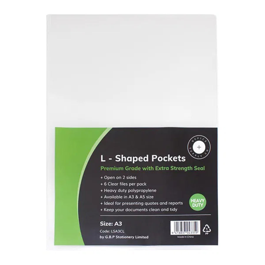 LSA3CL - Okin L Shaped Pockets Heavy Duty A3 Clear, Pack of 6