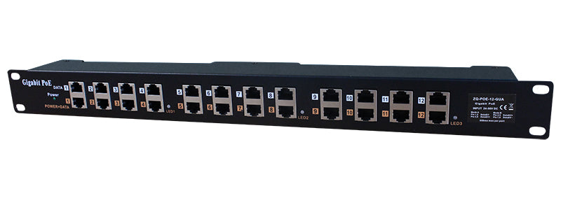 PoE World GPOE-12-1U - 12 Port Gigabit Midspan PoE Mode A+B Injector