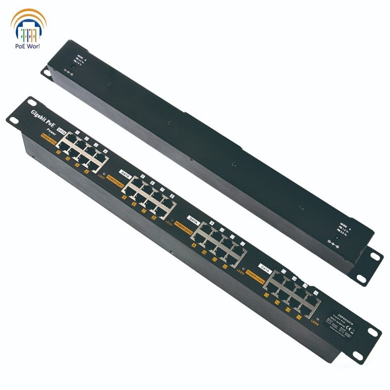 PoE World GPOE-16-1U - 16 Port Gigabit Passive PoE Mode A+B 4 Wire 1U Rack Mount Injector