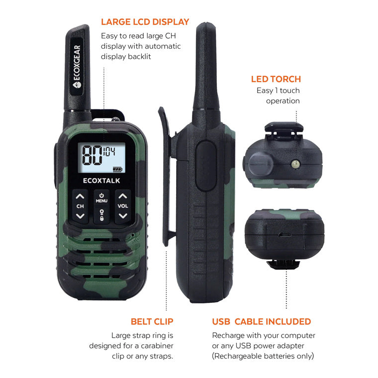 ECOXGEAR ECOXTALK EXG50 (Twin Pack) UHF 0.5Watt CB Handheld 2-Way Radio walkie talkie (Camouflage Colour) 3km+ Range, 20 hours Operating Time, 80 channels AU/NZ