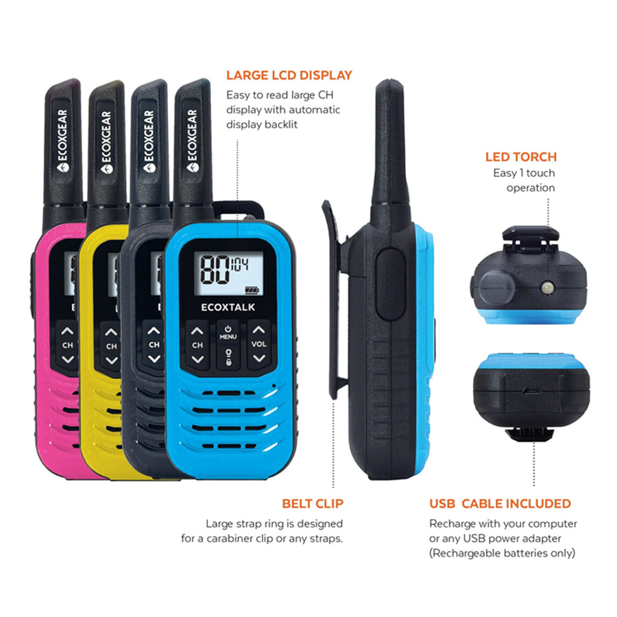 ECOXGEAR ECOXTALK EXG50-4PK UHF 0.5Watt CB Handheld 2-Way Radio walkie talkie 3km+ Range, 20 hours Operating Time, 80 channels AU/NZ