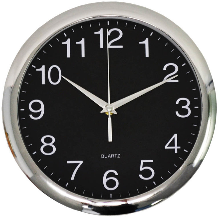 I395 - Italplast Quarzwanduhr 30cm Schwarz, Chromblende