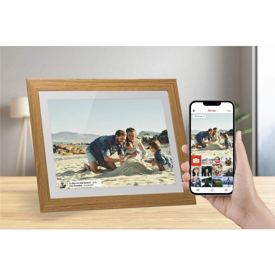 Jackson Frameo 10.1" WiFi Digital Photo Frame - White with Oak Frame 16GB Built in Memory - Play Video & Pictures - Touch Panel - Smart Frameo App Support - Android & IOS Support - 2.4Ghz