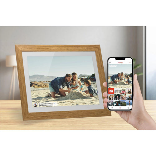 Jackson Frameo 10.1" WiFi Digital Photo Frame - White with Oak Frame 16GB Built in Memory - Play Video & Pictures - Touch Panel - Smart Frameo App Support - Android & IOS Support - 2.4Ghz