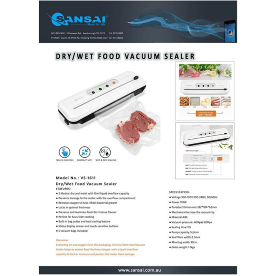 Sansai VS-1611 Electric Vacuum Sealer 60kPa Powerful Suction f Food Locks In Freshness