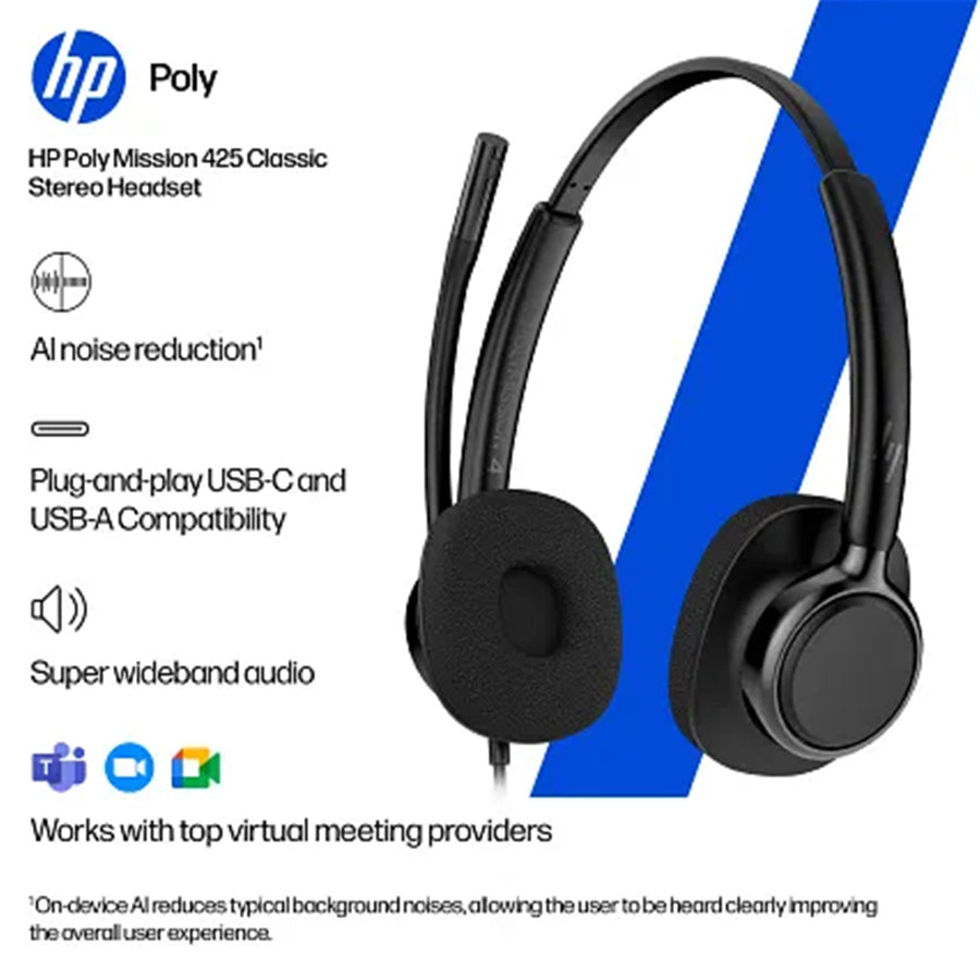 C01B3AA - HP Poly Mission 425 Stereo USB Wired Headset Classic