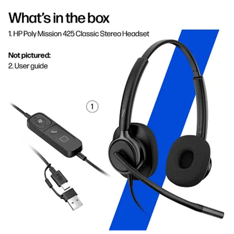C01B3AA - HP Poly Mission 425 Stereo USB Wired Headset Classic