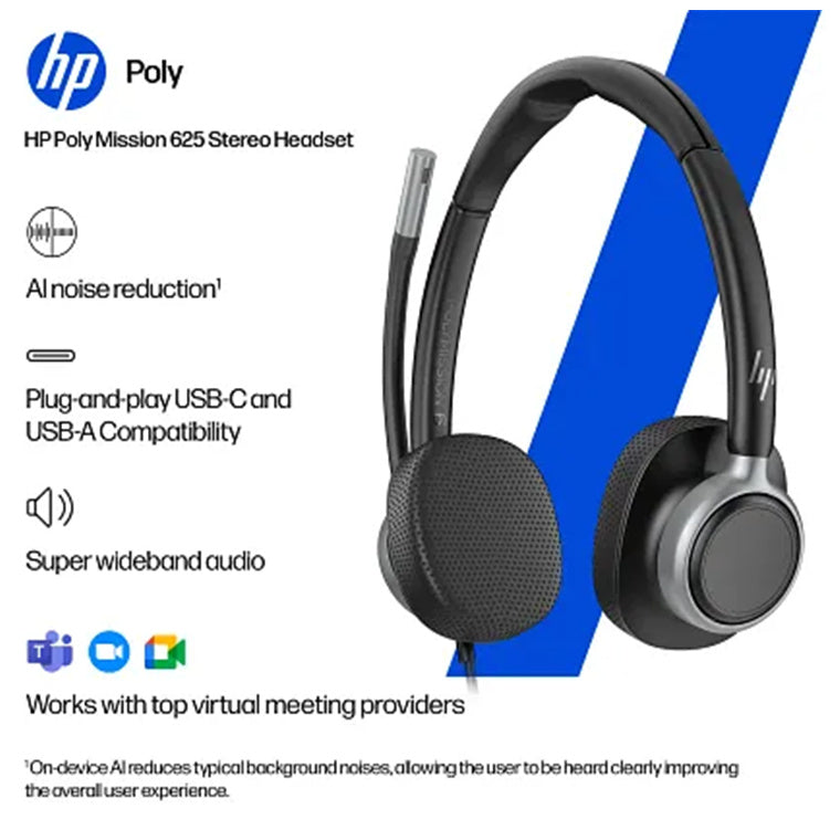 HP Poly Mission 625 USB-C/A Wired On-Ear Headset - Microsoft Teams Open Office Certified