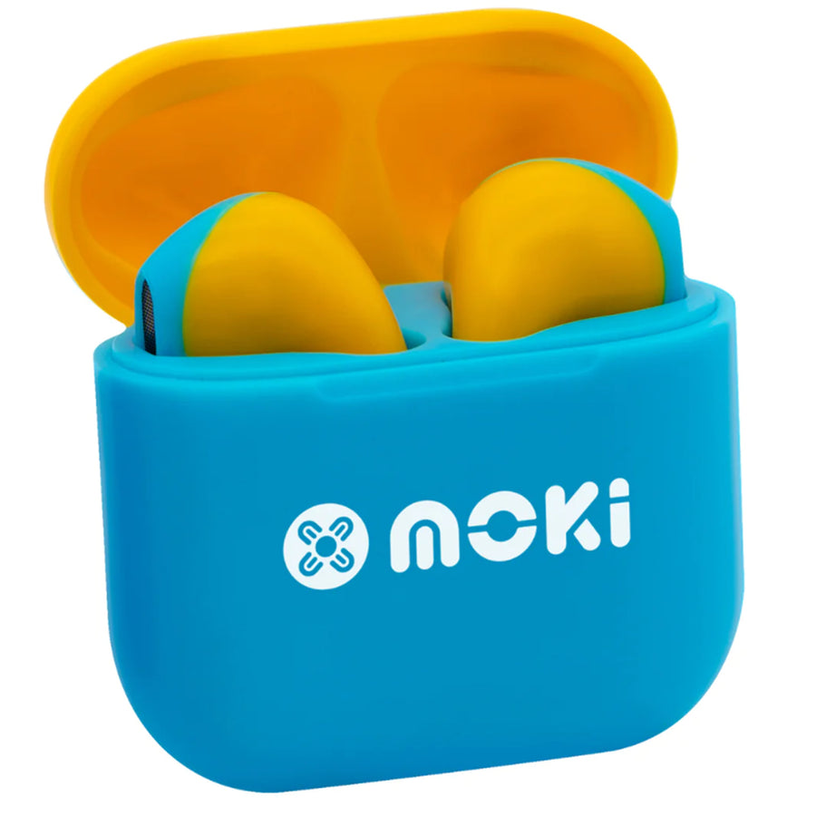 MOKI Earphones ACC-MPMPMBY - MokiPods Mini TWS Earphones for Kids Volume Limited - Blue/Yellow