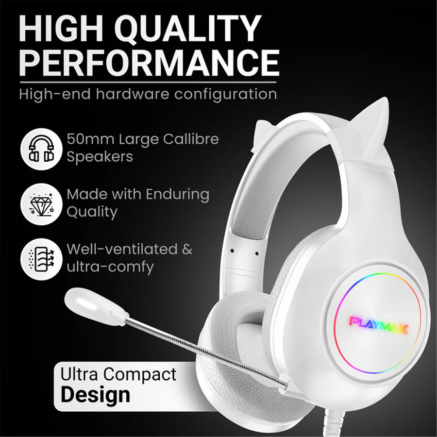 PRGBCEHW - Playmax RGB Cat Ear Headset - Weiß (Neu)