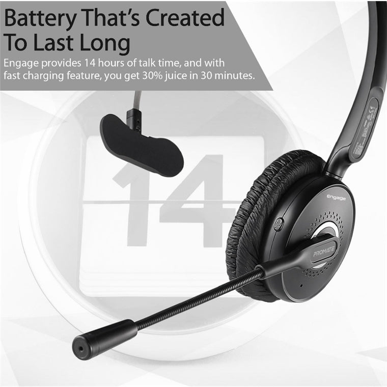 Promate ENGAGE-BLK - Over ear Mono Bluetooth Headset w/ HD Voice Clarity. Noise-Cancelling Microphone