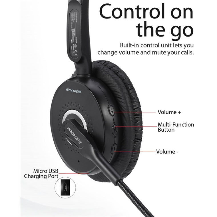 Promate ENGAGE-BLK - Over ear Mono Bluetooth Headset w/ HD Voice Clarity. Noise-Cancelling Microphone