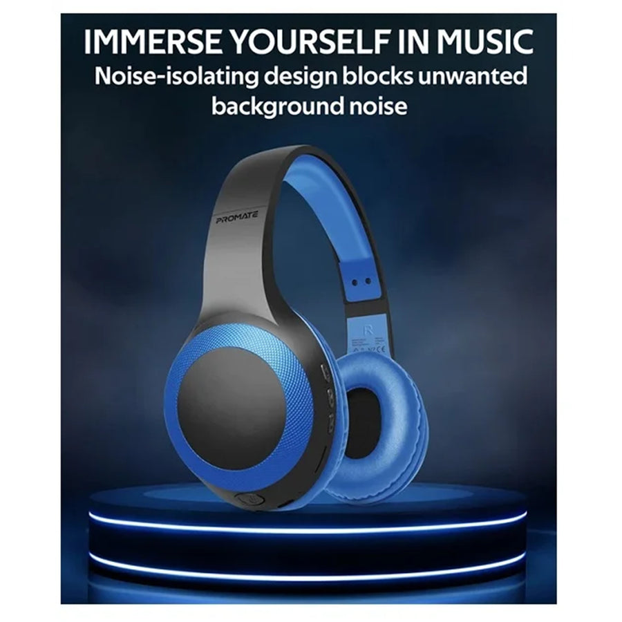 Promate LABOCA-BL - Deep Base Bluetooth V5.0 Wireless Over-ear Headphones. Up to 5 Hours Playback