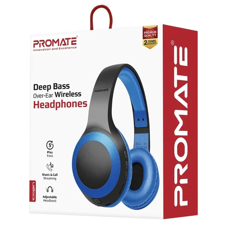 Promate LABOCA-BL - Deep Base Bluetooth V5.0 Wireless Over-ear Headphones. Up to 5 Hours Playback