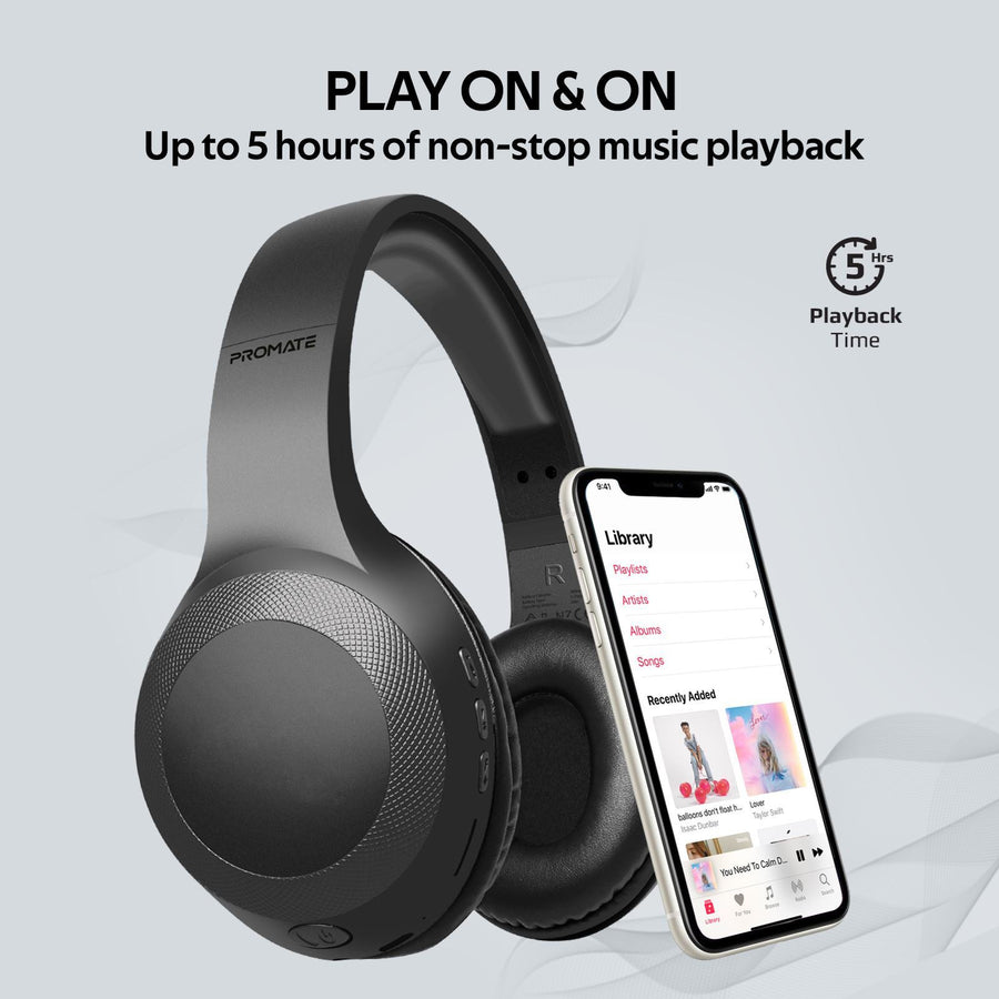 Promate LABOCA-BLK - Deep Base Bluetooth V5.0 Wireless Over-ear Headphones. Up to 5 Hours Playback