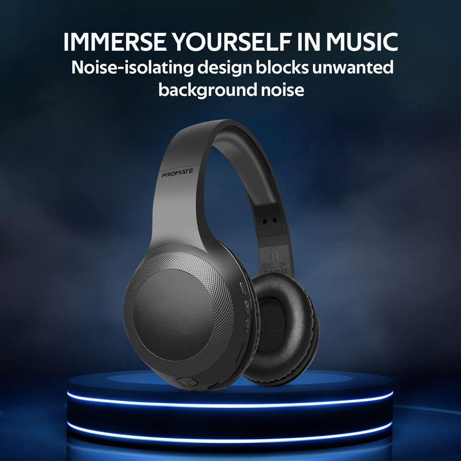 Promate LABOCA-BLK - Deep Base Bluetooth V5.0 Wireless Over-ear Headphones. Up to 5 Hours Playback