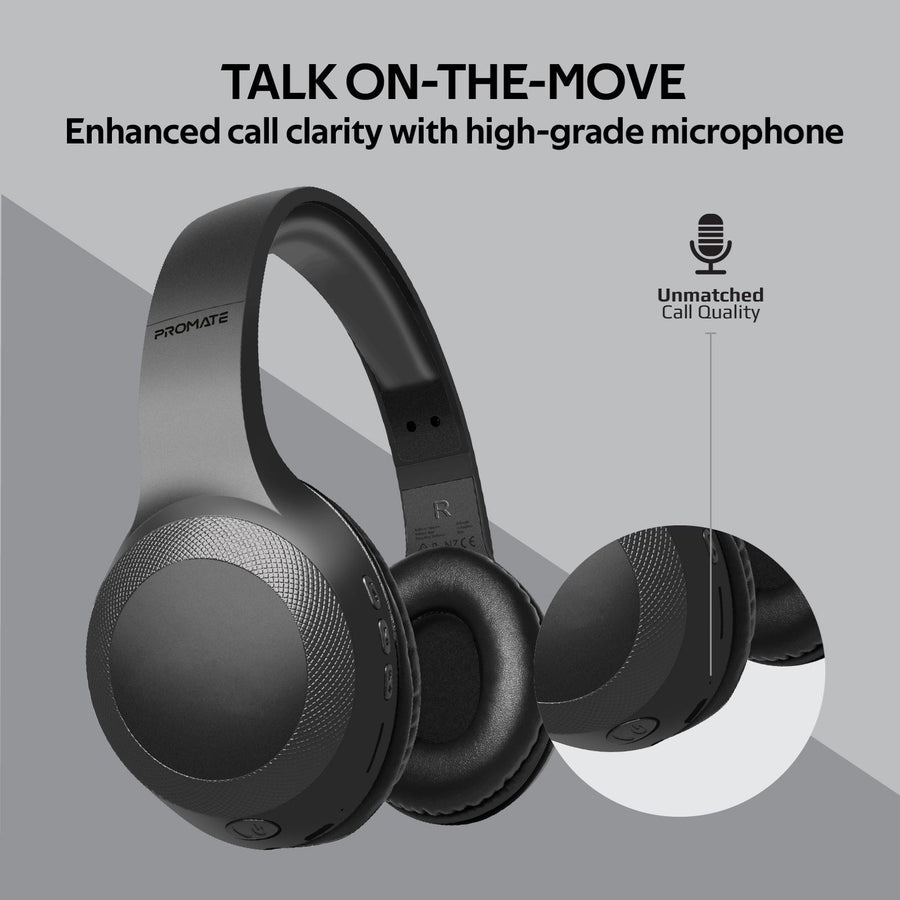 Promate LABOCA-BLK - Deep Base Bluetooth V5.0 Wireless Over-ear Headphones. Up to 5 Hours Playback