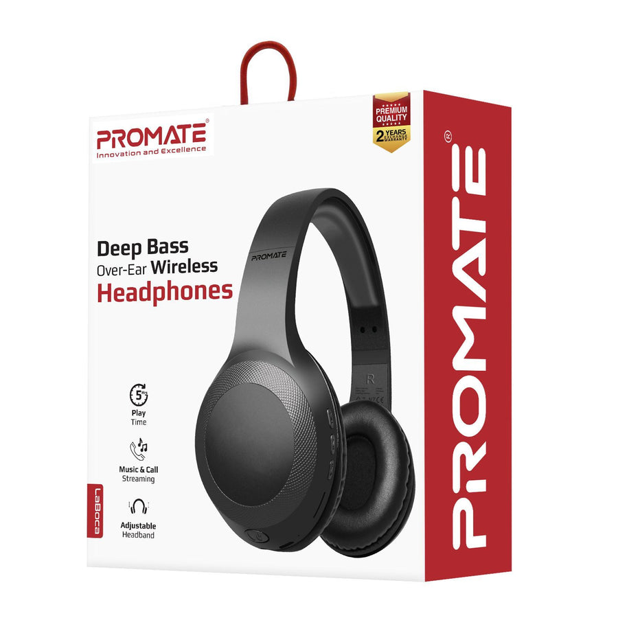 Promate LABOCA-BLK - Deep Base Bluetooth V5.0 Wireless Over-ear Headphones. Up to 5 Hours Playback