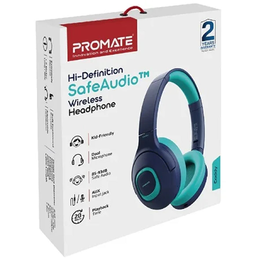 Promate CODDY-AQA - Child-Safe Wireless Bluetooth Over-Ear Headphones. Up to 5 Hours Playback Time