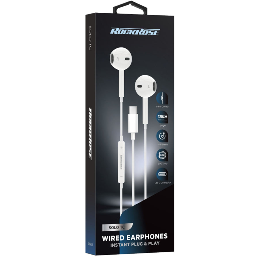 RockRose Solo TC USB-C In-Ear Headphones with DAC -  White,  120cm