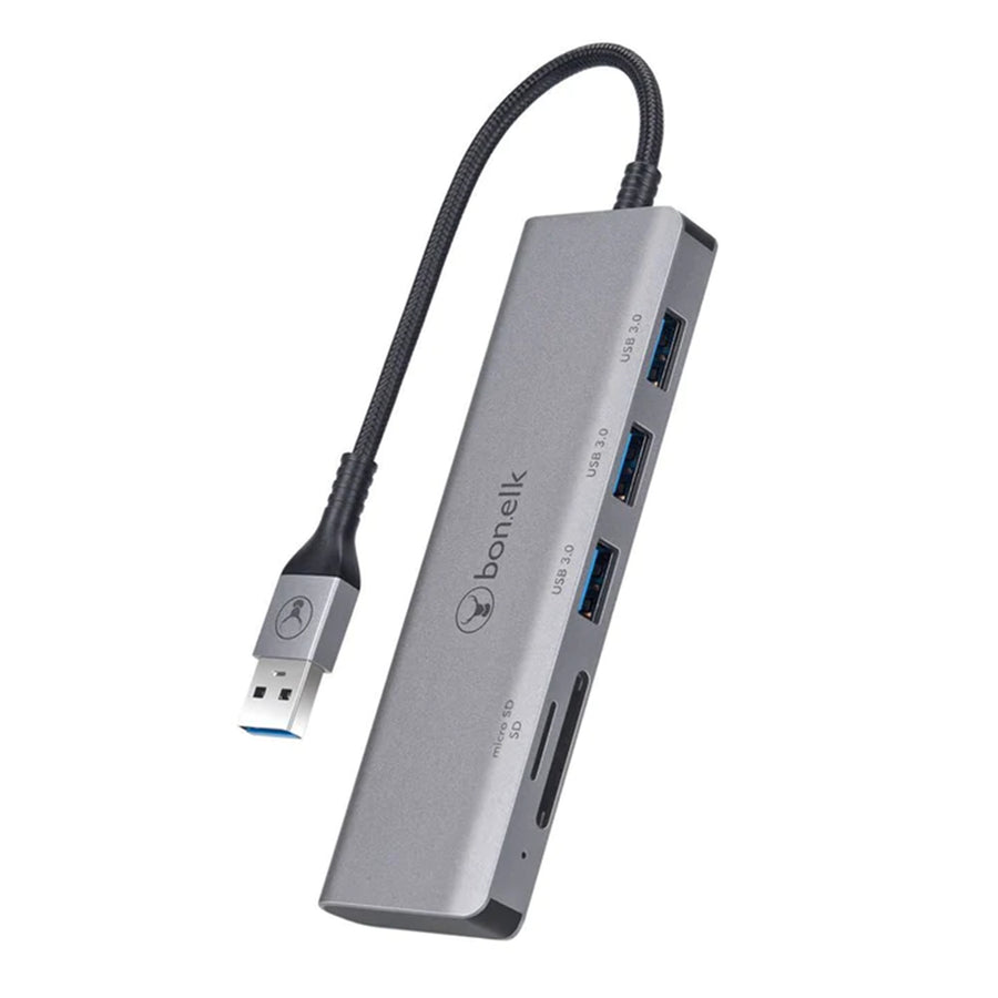 Bonelk Long-Life USB-A zu 4-Port USB 3.0 Hub mit SD / MicroSD Kartenleser - Space Grey