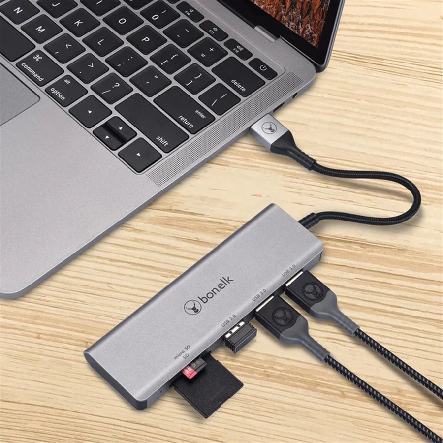 Bonelk Long-Life USB-A zu 4-Port USB 3.0 Hub mit SD / MicroSD Kartenleser - Space Grey