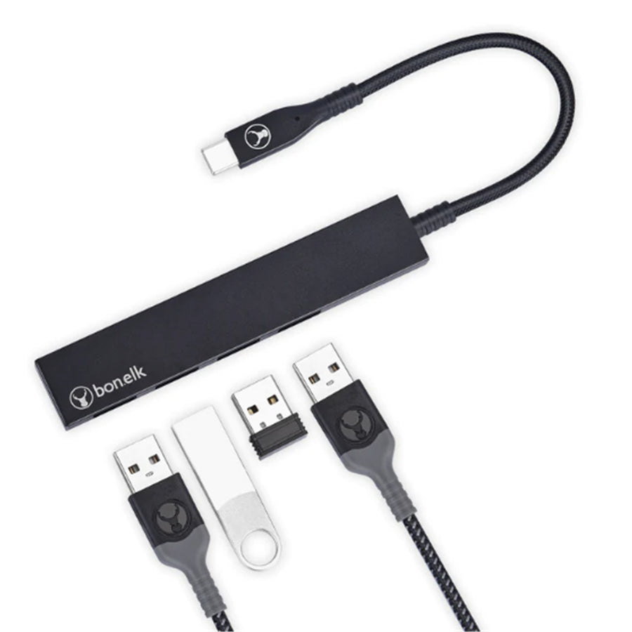 Bonelk Long-Life USB-C to 4 Port USB 3.0 Slim Hub - Black