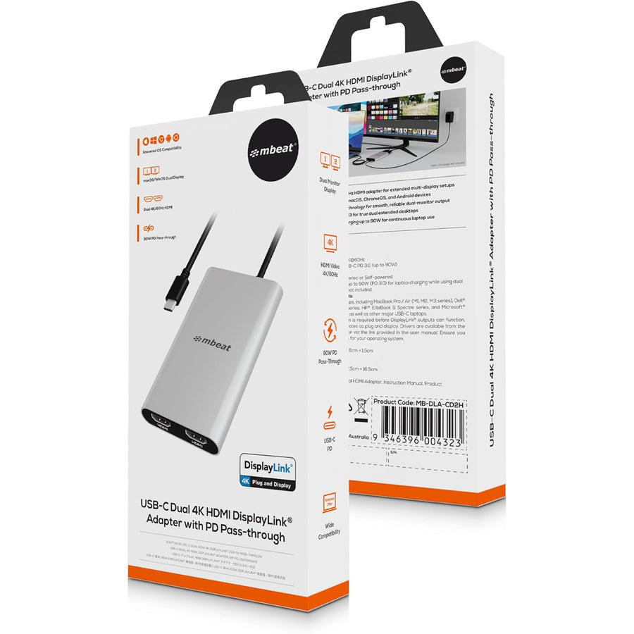 mbeat USB-C Dual 4K HDMI DisplayLink Adapter with PD Pass-through