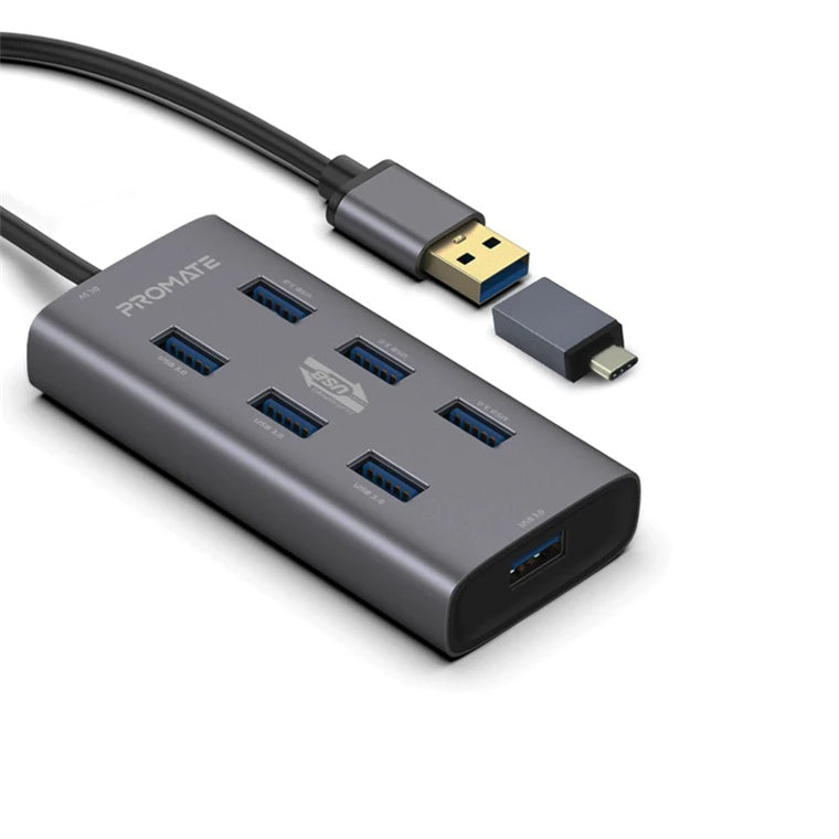 Promate EZHUB-7-GRY - Powered USB Hub w/ 7x USB 3.0 Ports Plus Add USB-C Adaptor Aluminium Alloy