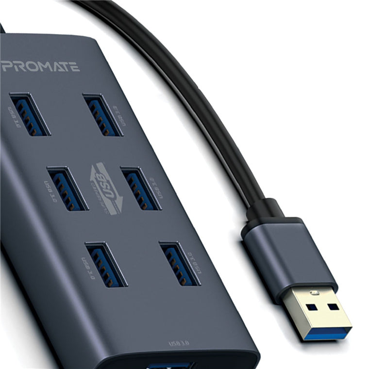 Promate EZHUB-7-GRY - Powered USB Hub w/ 7x USB 3.0 Ports Plus Add USB-C Adaptor Aluminium Alloy
