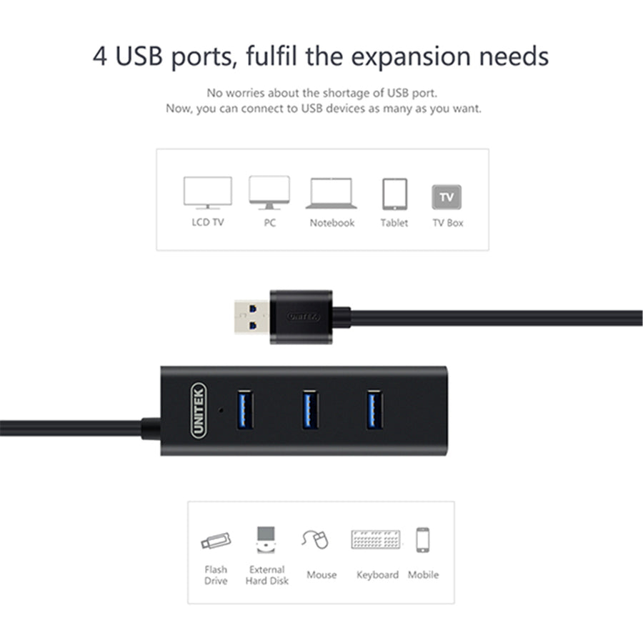 Unitek Y-3089 - USB 3.0 4-Port hub. Super Speed Data Transfer Rate up to 5Gbps. Plug & play. LED