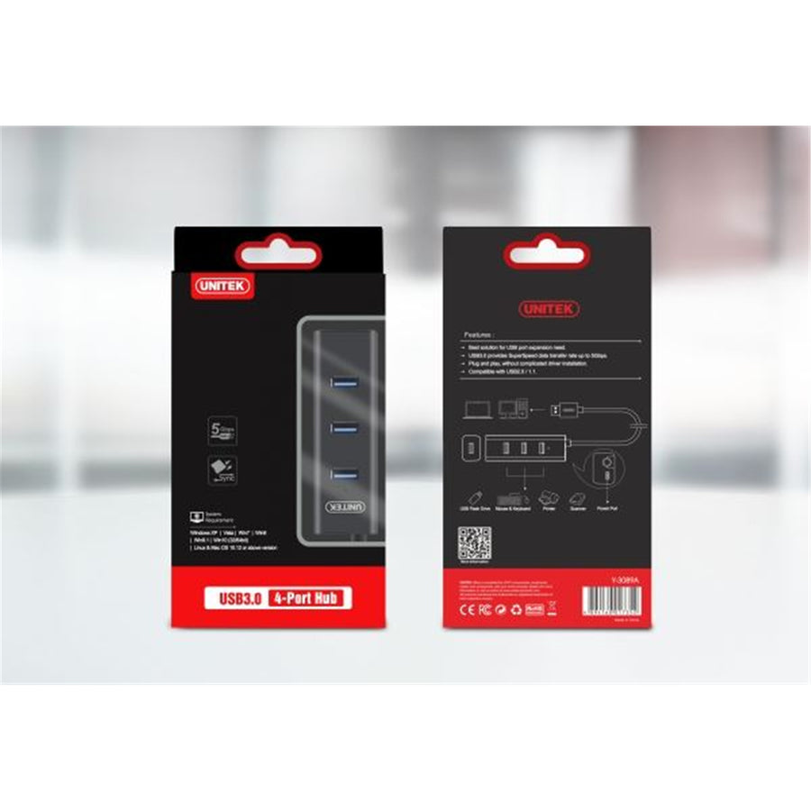 Unitek Y-3089 - USB 3.0 4-Port hub. Super Speed Data Transfer Rate up to 5Gbps. Plug & play. LED