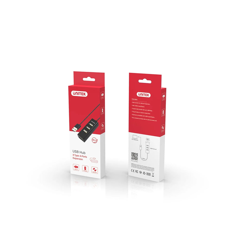 Unitek Y-2140 - USB-A 2.0 4-Port High Speed Hub Data Transfer Speed up to 480Mbps. Connect 4 Devices